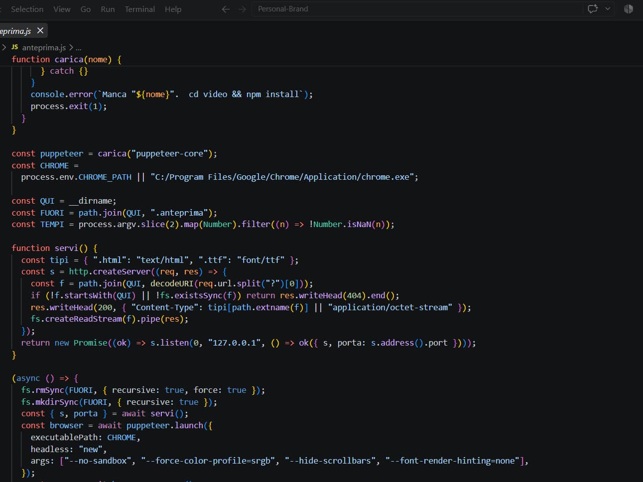 Un editor di codice aperto su uno degli script di questo sito