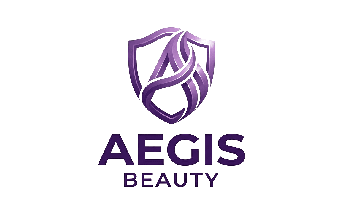Il marchio di Aegis Beauty: uno scudo viola con dentro una A stilizzata, e sotto la scritta AEGIS BEAUTY